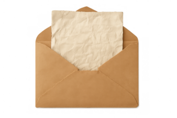 Open brown envelope with blank crumpled vintage paper revealing a secret message or important communication concept