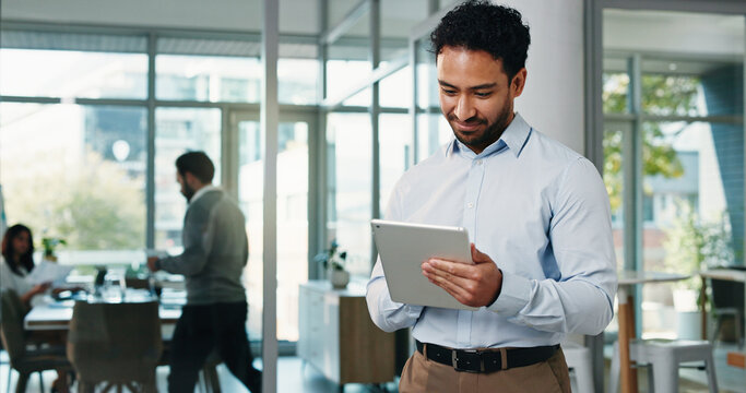 Reading, tablet and research with business man in office for assets, account report and planning. Portfolio manager, broker review and online with person in agency for risk assessment and app