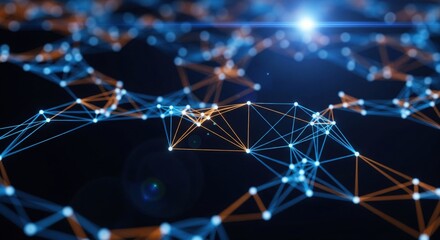 Dark blue abstract background with a network grid and particles connected, global nodes