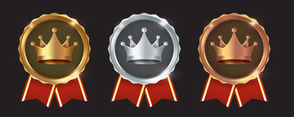 Gold, Silver, Bronze Crown Medals with Red Ribbons - 1st, 2nd, 3rd Place Winner Badges | First Place Ranking Award Vector Set