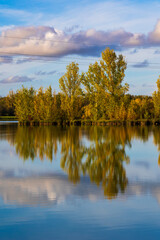 Reflections of autumn-colored trees on the calm waters of Lake Sabatouse in Longages