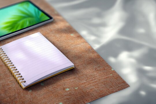 A spiral-bound notebook and a tablet are placed on a textured surface, with soft light creating shadows.