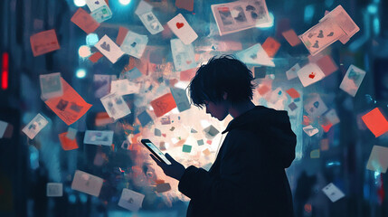 A person scrolling through a digital news feed on their smartphone, surrounded by floating social media posts, tweets, and online notifications