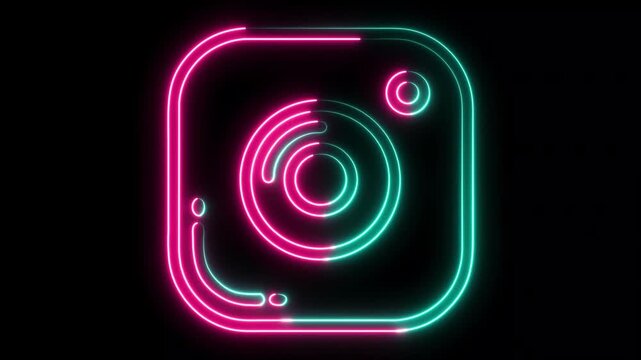 Neon instagram logo glowing with pink and teal lights on a black background design element