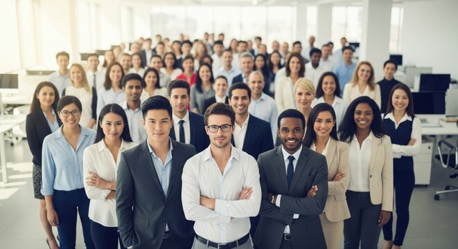 Portrait shot diverse group of business professionals, modern multi ethnic business team standing and looking at camera