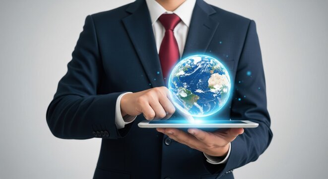 Businessman holding glowing earth globe with network and glowing nodes, concept of globalization