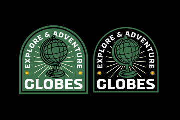 World globe retro badge logo design set for adventure. Terrestrial earth model vintage patch illustration graphic pack for outdoor. Geography globe rustic emblem vector element designs for travel