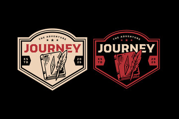 Travel journey retro badge logo design set for outdoor. Adventure log diary vintage patch illustration graphic pack for discovery. Notebook, writing book rustic emblem vector element design for travel