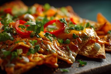 Delicious cheesy nachos with toppings recipe food photography tasty snack appetizer meal dish