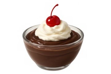 Chocolate pudding dessert with whipped cream and maraschino cherry on top, delicious sweet indulgence food