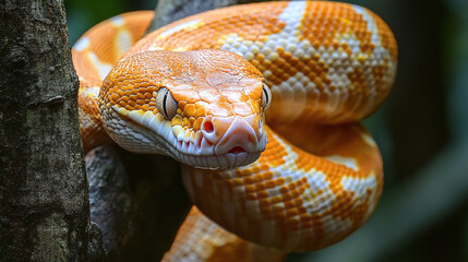 Obraz premium A snake in the process of shedding its skin, the old skin peeling away in delicate layers, revealing the glossy new layer underneath, in a quiet corner of the forest