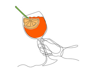 hand with glass of Cocktail spritz aperol with a straw. continuous single one line art hand drawing sketch, logo on white background