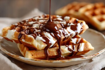 Delicious waffles with chocolate syrup and cream recipe breakfast food photography dessert