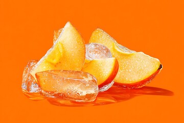 Fresh peach slices with ice cubes on orange background summer fruit refreshment concept