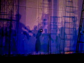 Shadows of ballet dancers and stage crew projected on a backstage wall under dramatic lighting, creating artistic silhouettes and geometric ladder patterns in a theater performance setting. © Livia