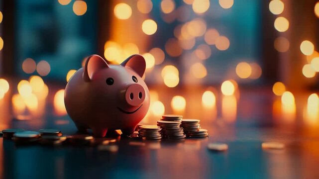 Pink piggy bank with coins on table and warm lights symbolizes saving, investment, and financial planning.