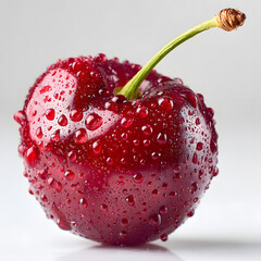 Dewy Cherry Delight: A close-up shot of a single, vibrant red cherry glistening with droplets, showcasing the freshness and succulence.