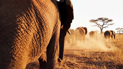 A cinematic design concept featuring a powerful herd of elephants marching across a dusty golden savanna during a majestic sunset journey