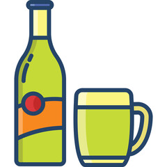Stylized Illustration Of A Light Green Bottle With An Orange Label And Red Circle Next To A Light Green Mug With Yellow Rim On A Transparent Background Representing Beverages And Drinks