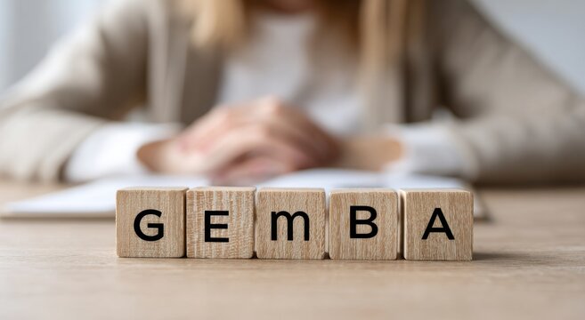 Woman in Business Suit Sitting at Desk with Wooden Letter Blocks Spelling Gemba in Office