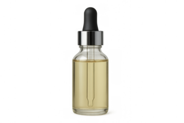 Glass dropper bottle containing yellow cosmetic oil, serum, skincare product, natural beauty care, transparent background for marketing