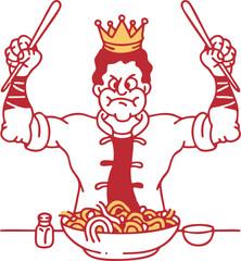 Cartoon Chef King Holding Chopsticks Over Bowl of Noodles – Funny Retro Food Vector Illustration
