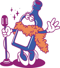 Cartoon Bottle Character Singing with Microphone and Feather Scarf – Retro Music Diva Vector Illustration