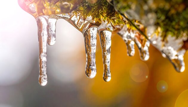 Frozen Beauty - Icicles Hanging from a Mossy Branch in Winter.