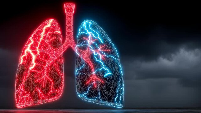 Digital Illustration of Lungs with Red and Blue Lightning Effects, Symbolizing Health and Vitality Against Dark Stormy Background for Enhanced