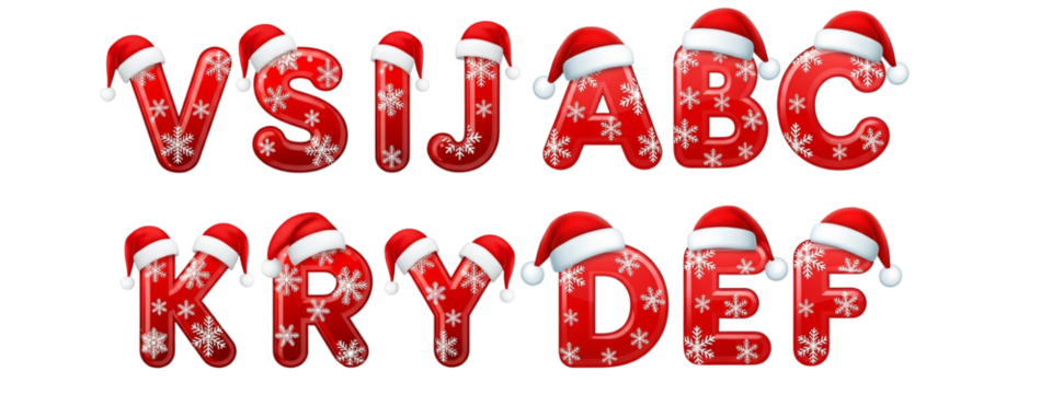 Red Alphabet Letters with Santa Hats & Snowflake Decorations – Christmas Typography V,S,I,J,A,B,C,D,E,F,K,R,Y Clipart Set for Holiday Designs