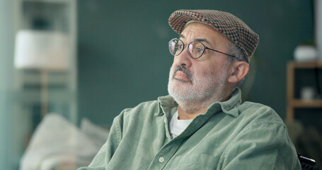 Thinking, sad and senior man in home for depression, alone and reflection in house. Retirement,...