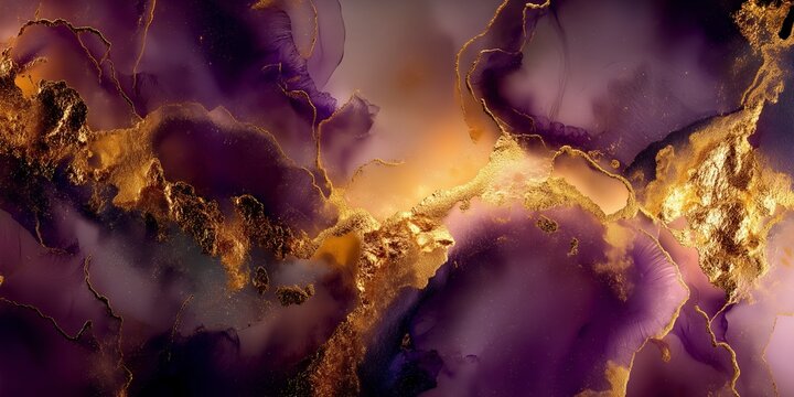 Abstract texture resembling frozen liquid art or geodes, featuring smooth crystalline formations in vibrant purple, gold, and white, creating a luxurious and elegant stone or mineral surface