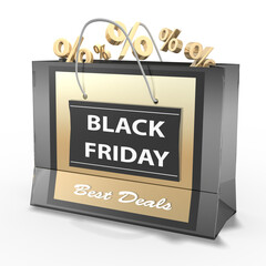 3d Einkaufstüte mit Black Friday Aufdruck in Schwarz und goldener Farbe mit Prozentsymbole , freigestellt auf transparenten Hintergrund