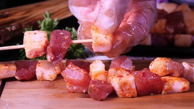 Traditional Xinjiang Lamb Kebabs on Wooden Board - Chinese Grilled Meat Skewers Preparation