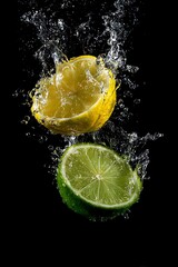 Stock photo of fresh lemon and lime slices splashing in water on a black background photo