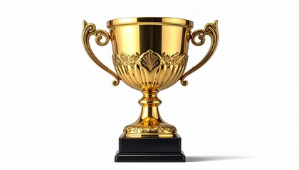 Gold trophy with ornate side handles and black base, polished to a shine and isolated against a neutral background, symbolizing achievement, excellence, and victory.