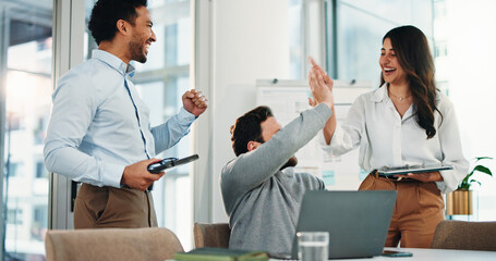 Excited, business people and high five with team, laptop or good news for promotion or done...