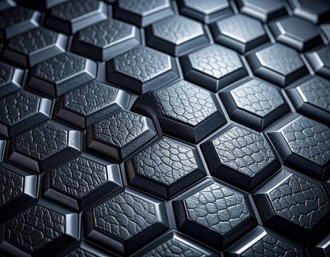 Close-up of a futuristic dark metallic hexagonal pattern with intricate textures and geometric