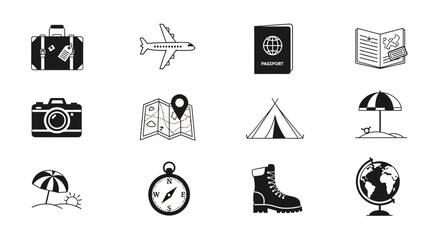 Embark on your next adventure with this collection of essential travel icons including luggage, plane, passport, map, camera, tent, and globe.