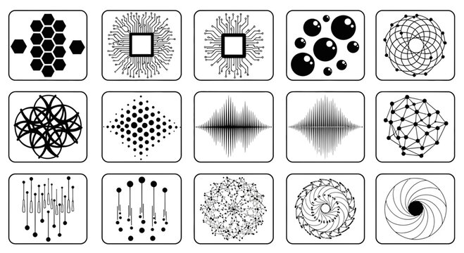 Dynamic abstract icons representing data, networks, technology, and sound waves for modern digital concepts and branding