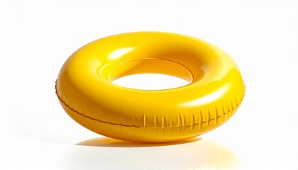 Bright yellow inflatable swim ring with hollow center and visible seams, fully inflated and placed against a plain white background to highlight vibrant summer leisure gear.