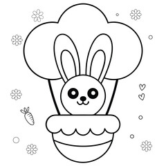 bunny flying in hot air balloon with clouds coloring page