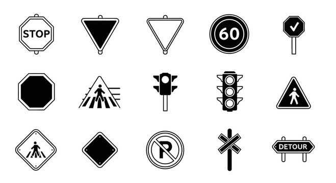 Essential traffic and road safety icons including stop signs, pedestrian crossings, traffic lights, and speed limits for clear navigation and urban planning guidance.