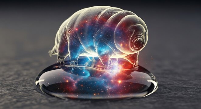 A microscopic tardigrade, also known as a water bear, glowing with cosmic energy, symbolizing resilience and survival in extreme conditions