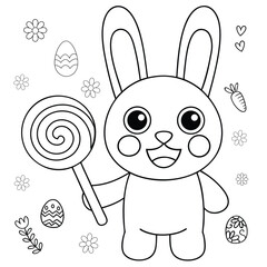 bunny holding giant lollipop with candy coloring page
