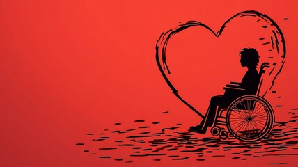 Illustration of Person in Wheelchair with Heart on Red Background, Public Welfare Design Element (Suitable for Public Welfare Promotion, Social Advocacy, Design Materials, etc.)