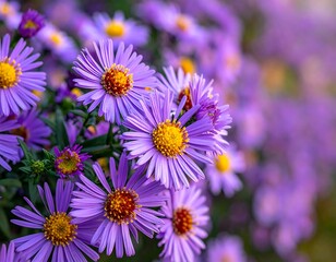 Fototapeta premium Close-up view of vibrant purple flowers with yellow centers