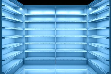 Empty blue supermarket shelf illuminated by white overhead light against dark background for retail and product display concept design