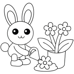 bunny planting flowers in garden with watering can coloring page