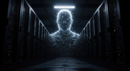 Digital Human Form in Server Room silhouette hologram